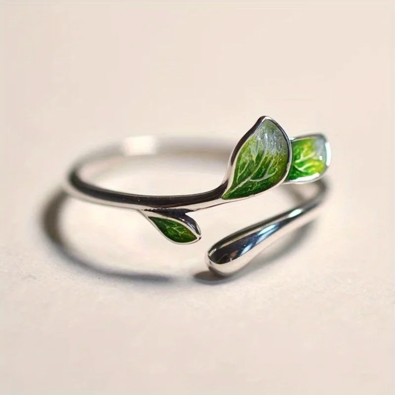 Anillo de hoja de esmalte verde, anillo abierto de gota de aceite ajustable, anillo de mujer para mujer, accesorios de joyería para fiesta diaria con personalidad