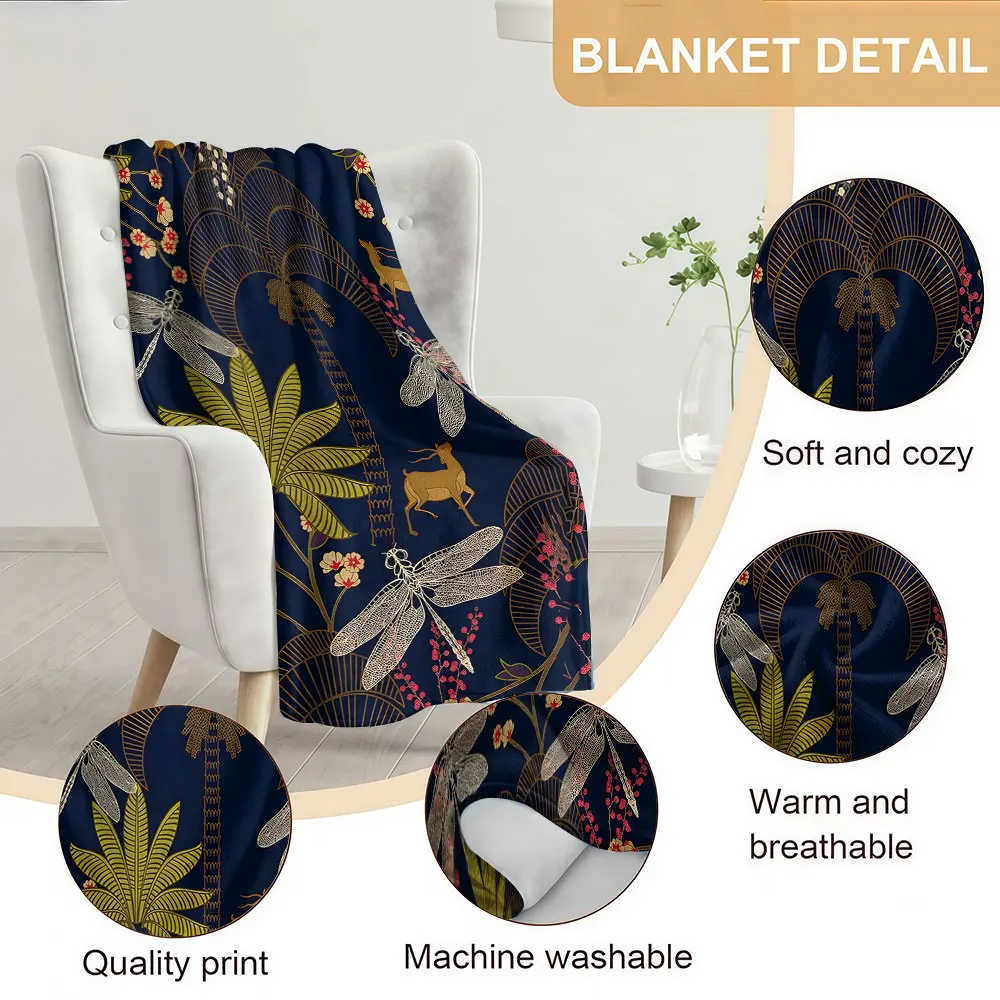 Deer Dragonfly Jungle Art Soft Warm Flannel Blanket Lightweight Cozy Christmas Halloween Home Decor Room