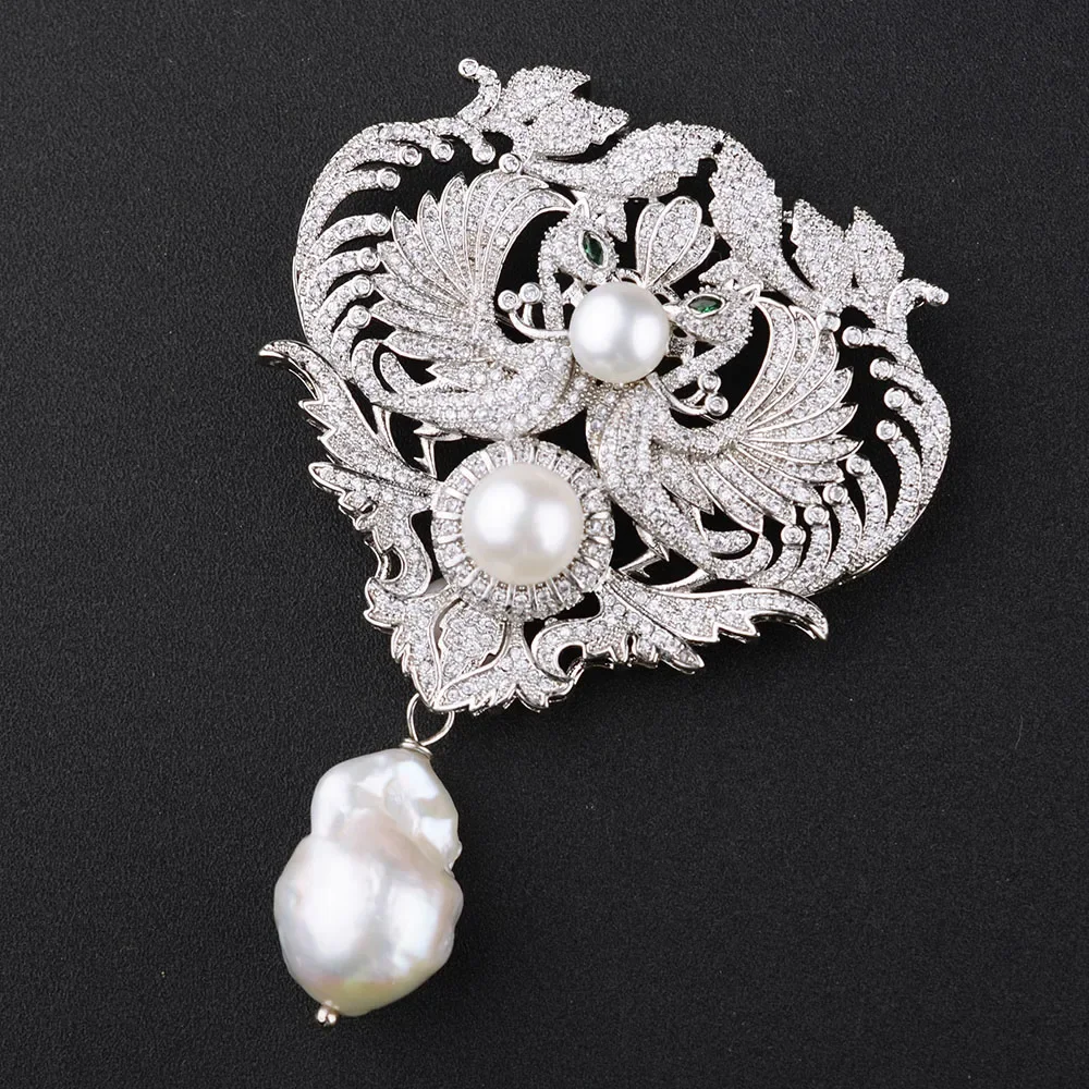 

Silver Color CZ micro pave Double phoenix charm White Keshi Pearl Brooch