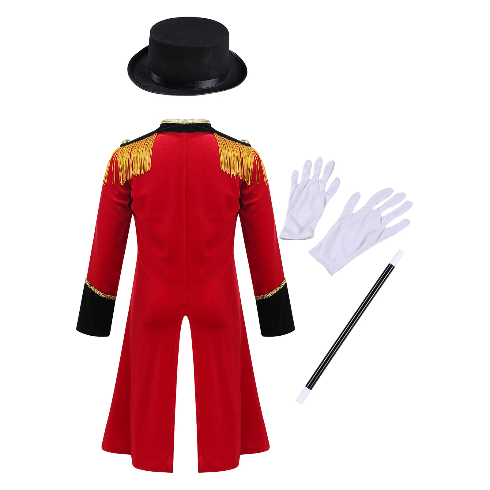 Kids Boys Circus Ringmaster Costume Long Sleeve Tassels Tailcoat Jacket with Hat Magic Wand Gloves Halloween Cosplay Outfits