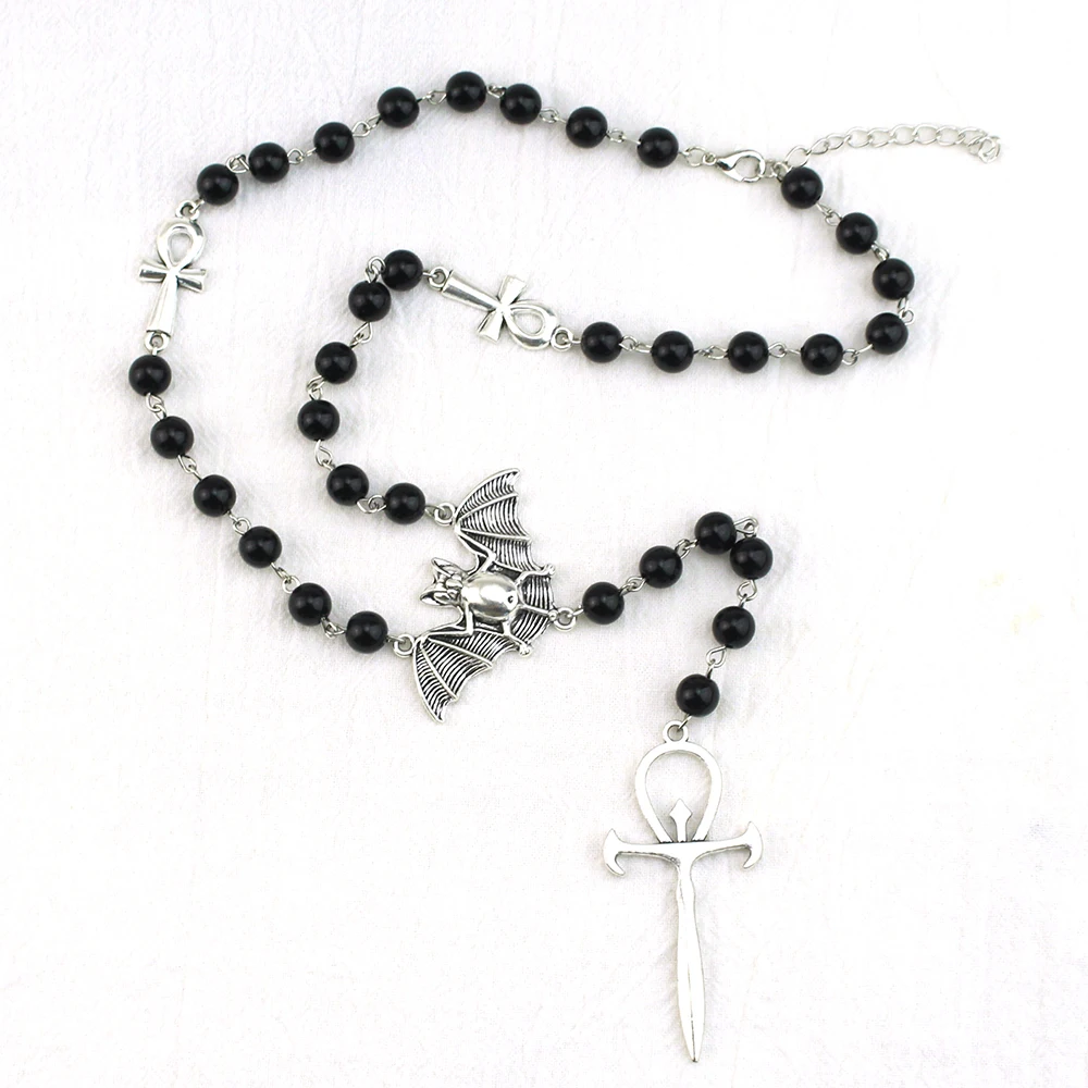 Gothic Vampire Ankh Rosary Occult Vamp Bead Necklace Punk Bat Cross Pendant Necklace Handmade Beaded Egyptian Jewelry