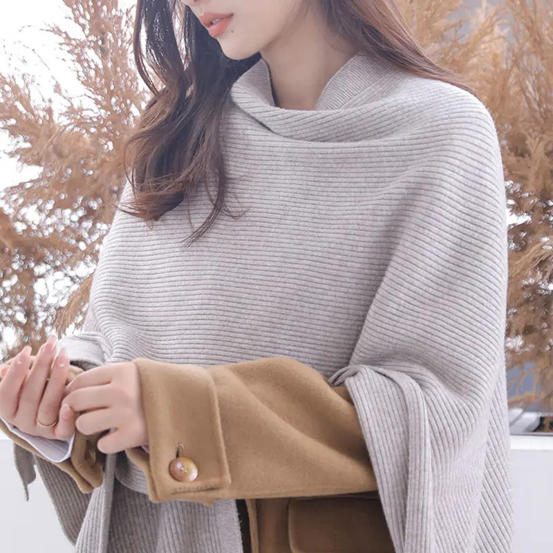 Women 2024 New Autumn Sweaters Poncho Knitting Capes Cloak Sweater V-Neck Irregular Single Button Coat Knitted Shawls T279