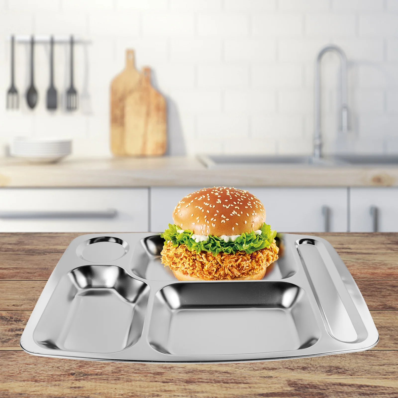 

Barbecue Seasoning Plate Stainless Steel Dinner Tray Divided Food Serving Lunch Box Student