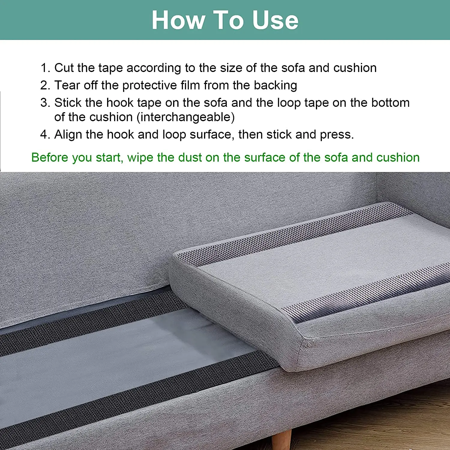 Couch Cushion Non Slip Pads to Keep Couch Cushions from Sliding, Hook and Loop Tape with Adhesive for Smooth Surfaces