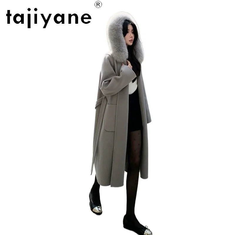 TAJIYANE Women's Wool Trench Coats 100% Sheep Wool Coat Fox Fur Collar Winter Jacket Hooded Long Coats for Women Польто Женское