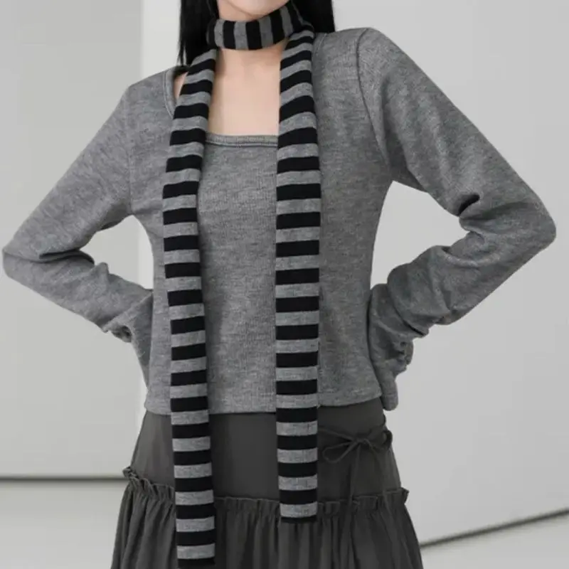 

180cm Punk Striped Skinny Scarf Black Grey Thin Long Scarf Choker For Women Y2K Neck Warmer Neck Wrap Neckwear Accessory