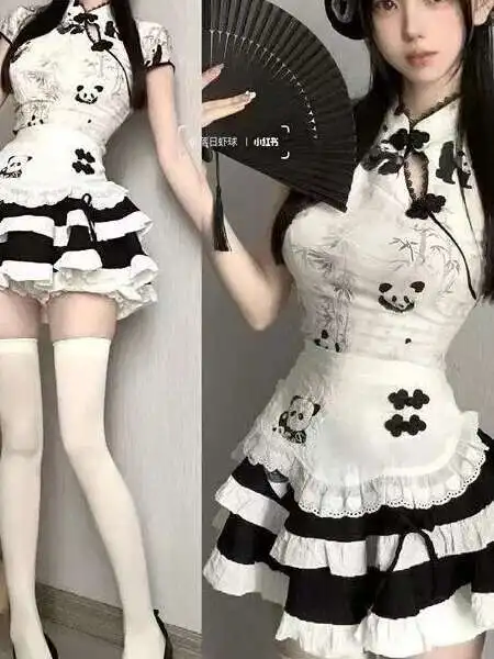 Sexy Maid Sex Anzug Uniform Cheongsam Nette Chinesische Panda Drucken Uniform Kleid Elegante Mode Süße Frauen Mini Kleid Top I5IX