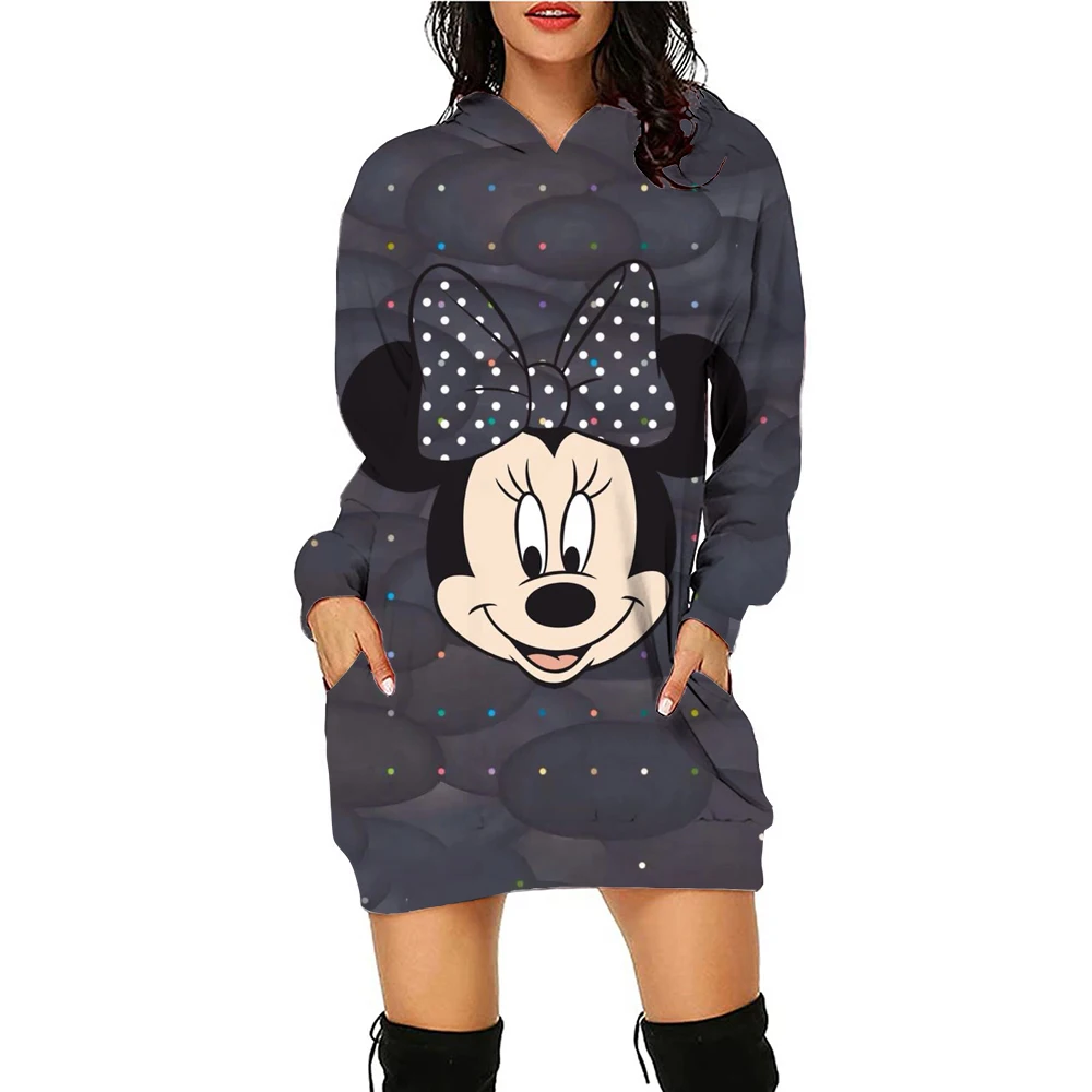 New Disney Series Mickey Mouse Minnie Hoodie Print Hooded Sweater Dress Casual Street Style Ladies Warm Sweater Dress