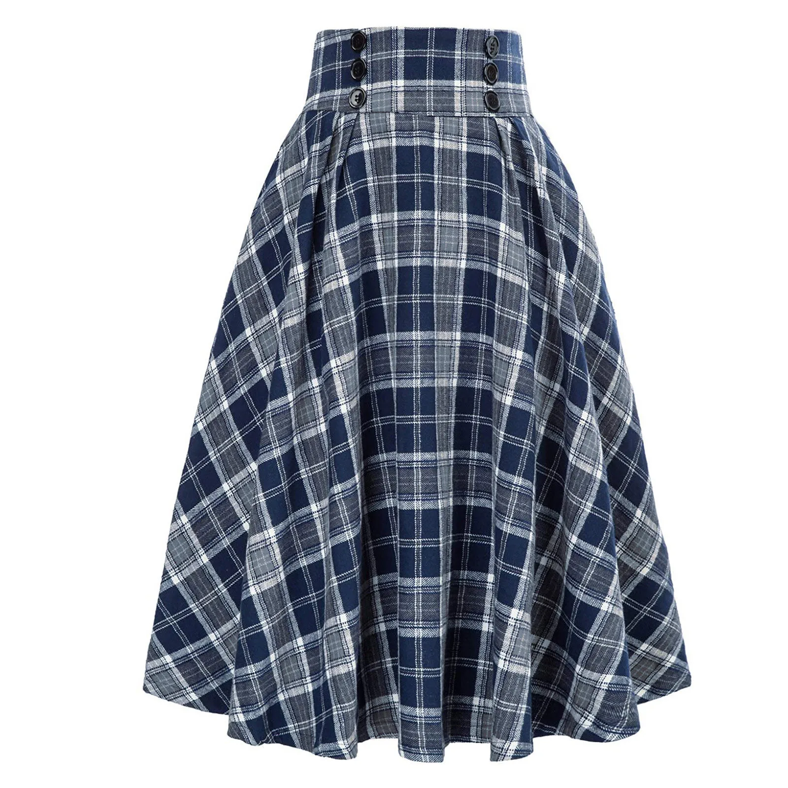 Vintage Pleated Plaid Skirt Autumn Winter High Waist Korean Style Preppy Midi Skirts Button Decor Plus Size High Quality Skirt