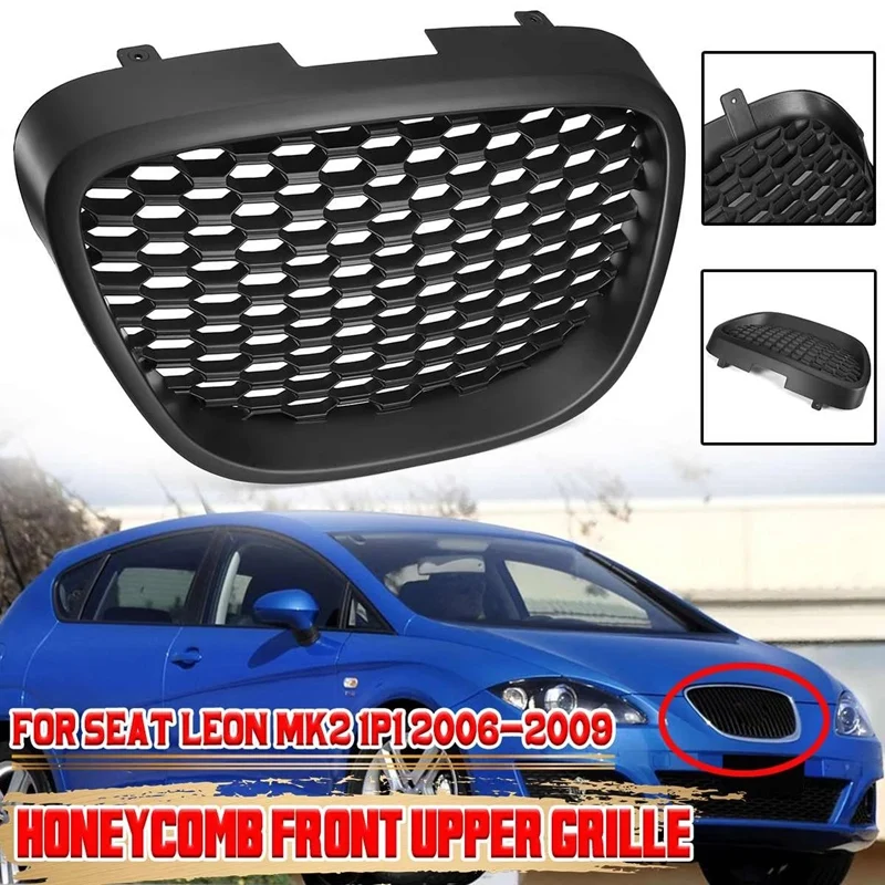 Car Front Black Honeycomb Grill Mesh Badgeless Sport Racing Grills For SEAT LEON MK2 1P1 2006-2009