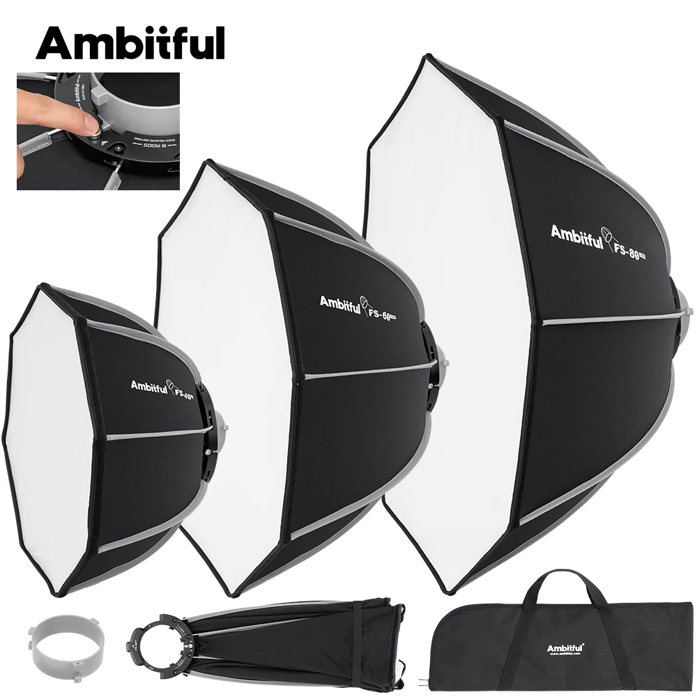 Boîte à lumière octogonale Ambitful FS Pro Series 40/60/80cm avec monture Bowens, boîte à lumière rapide à dégagement rapide, éclairage LED COB de studio