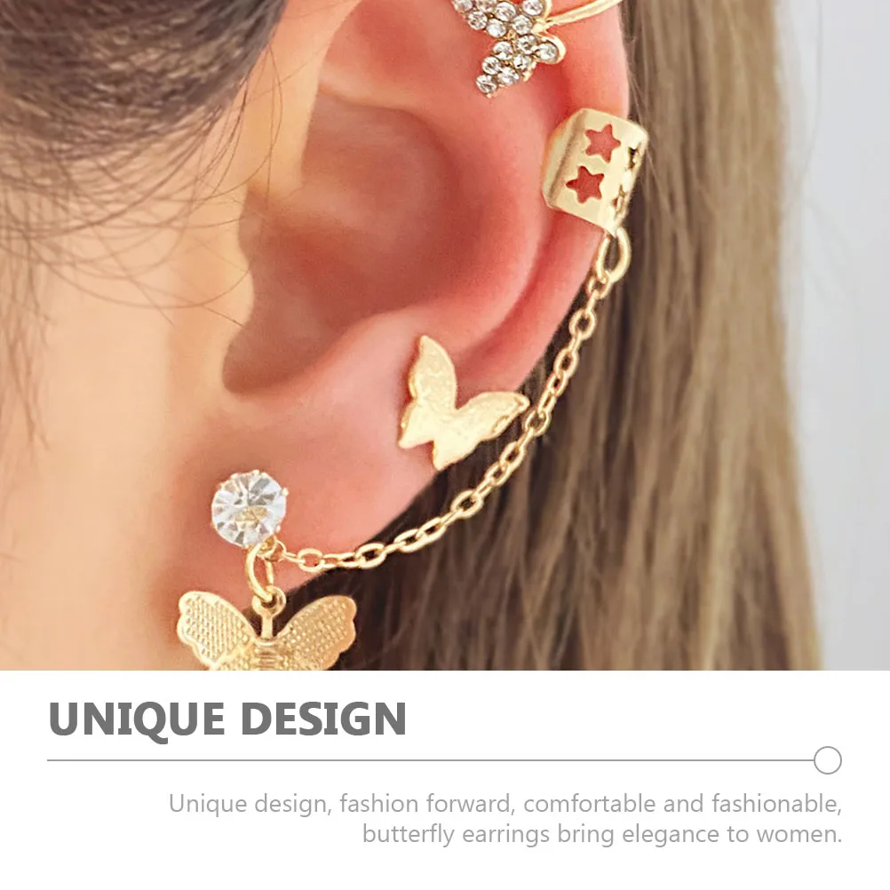 

3 Pcs Ear Set Earrings for Women Rhinestone Butterfly Cuffs with Chain