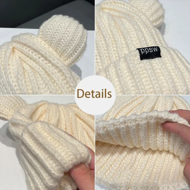 1Pc Cute Bear Ear Knitted Wool Women Fashion Hooded Thick Caps Winter Warm Woolen  Designer Kpop Personality Beanies Hats