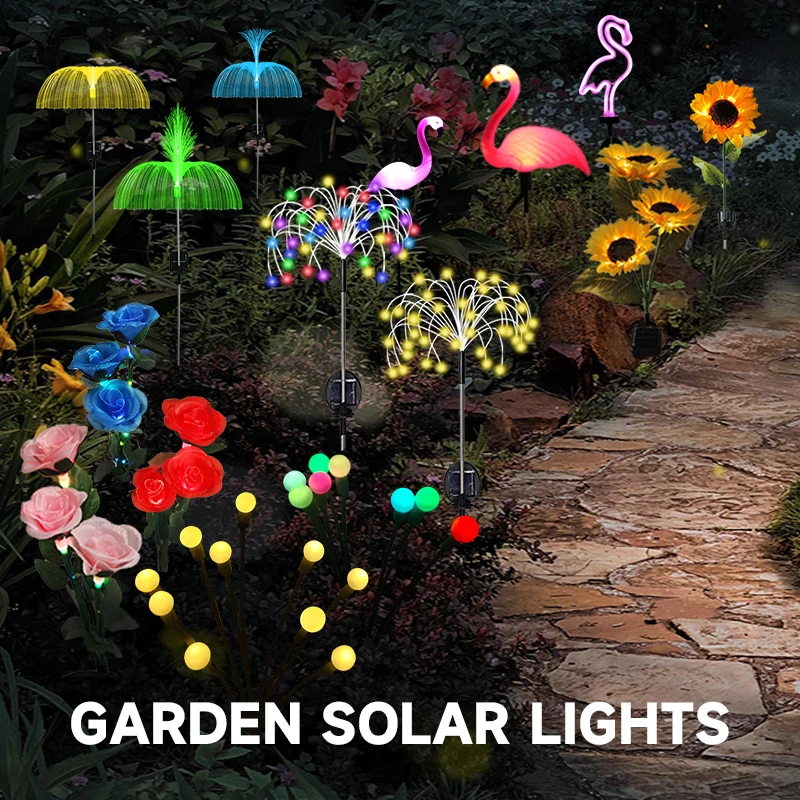 

Solar Garden Lights Outdoor Waterproof Courtyard Landscape Decor Stake Light Flamingo Flower Firefly Vibrant Lawn Patio Lamp
