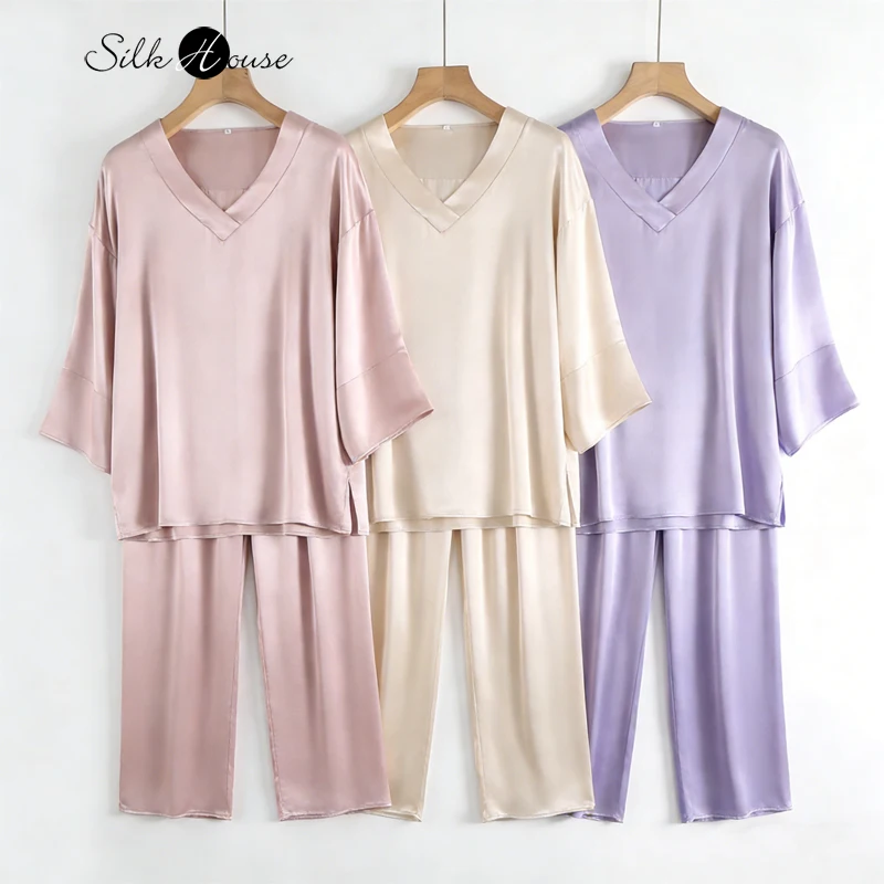 20MM 100% Natural Mulberry Silk Satin Pajama Set Solid Color V-neck Three-quarter Sleeve Tops Pants Women's Home Suit Set