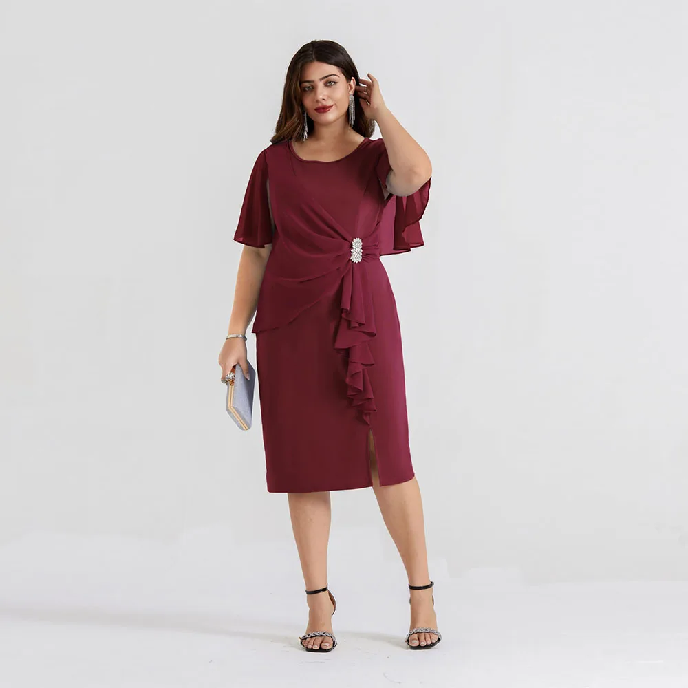 

Customized Womens Plus Size Chiffon Cape Sleeve Ruffle Ruched Mother of The Bride Wedding Dress Pencil Dress for Wedding Gues