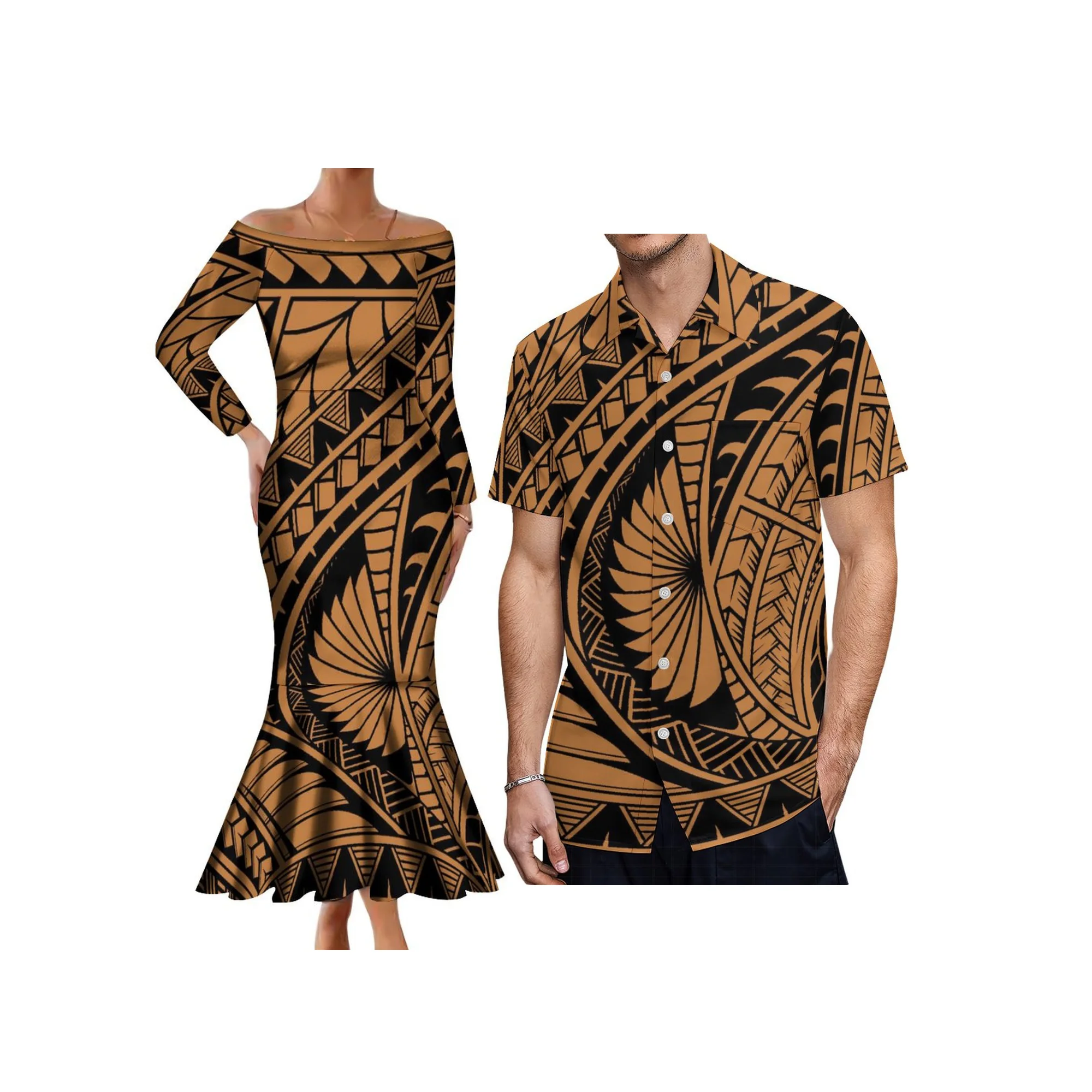 Nieuwe Aankomst Lange Mouw Een Schouder Zeemeermin Feestjurken Eiland Stijl Jurk Custom Polynesische Maxi Fishtail Jurk