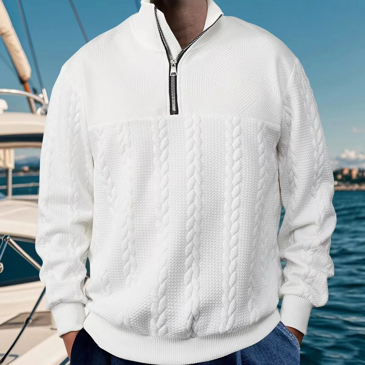 Men's long sleeved Henry shirt jacquard Two different patterns spliced together Half zipper turtleneck sweater fashion menswear