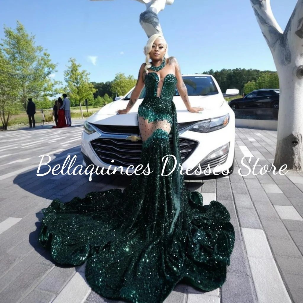 Luxury Mermaid Green Long Prom Dresses Black Girl 2025 Glitter Sequin Party Dress Women Sexy Strapless Birthday Gowns Customized