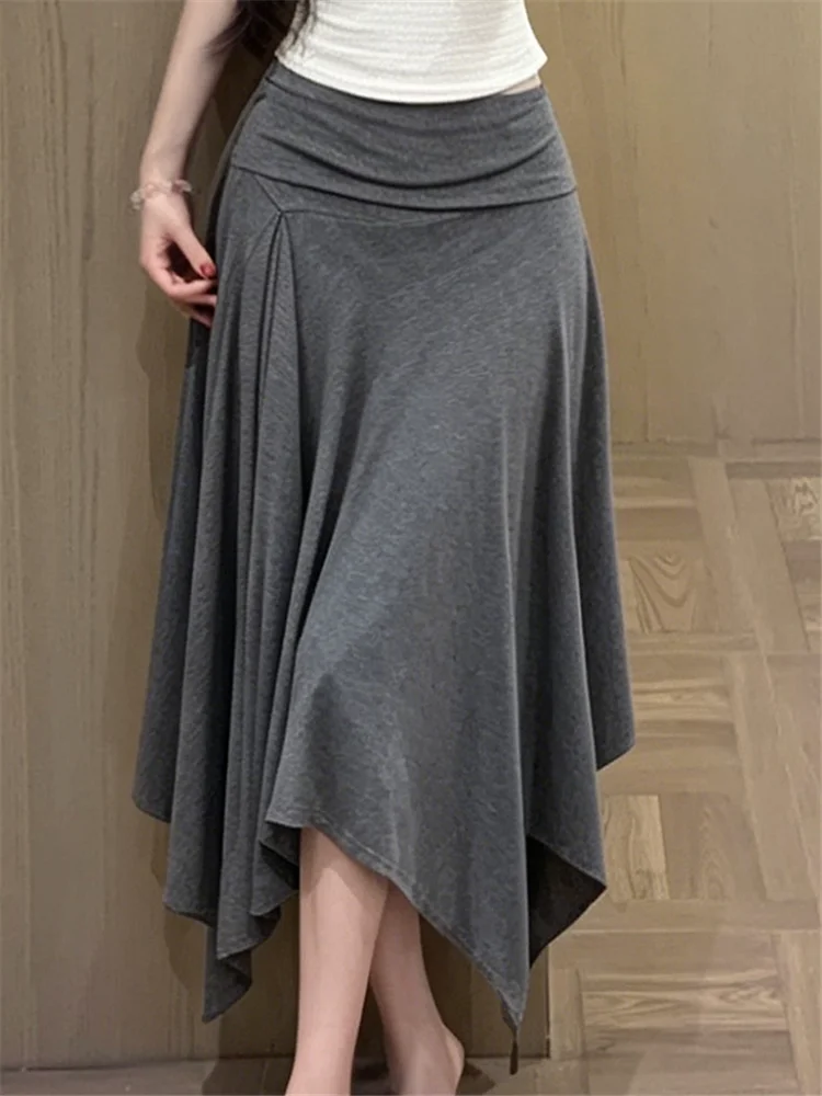 Grey Black Yellow Irregular Midi Skirt Stunning Women Summer High Waist Slimming Draping A Line Skirt Sweet Girl Short Bottoms