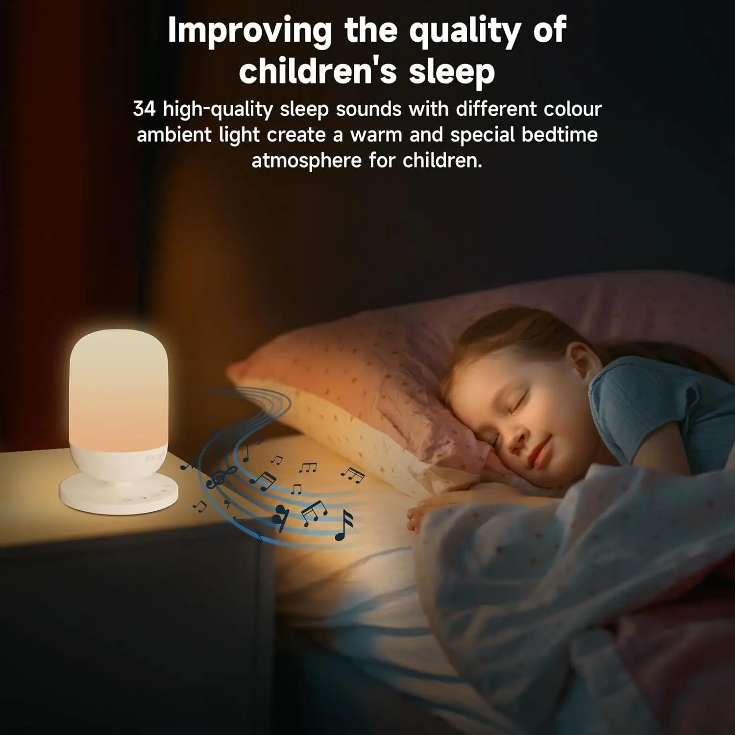 آلة الضوضاء البيضاء، آلة صوت الطفل مع ضوء ليلي، 34 صوتًا مهدئًا للتحكم في التطبيق، ضوء ليلي 7 ألوان مع مؤقت
