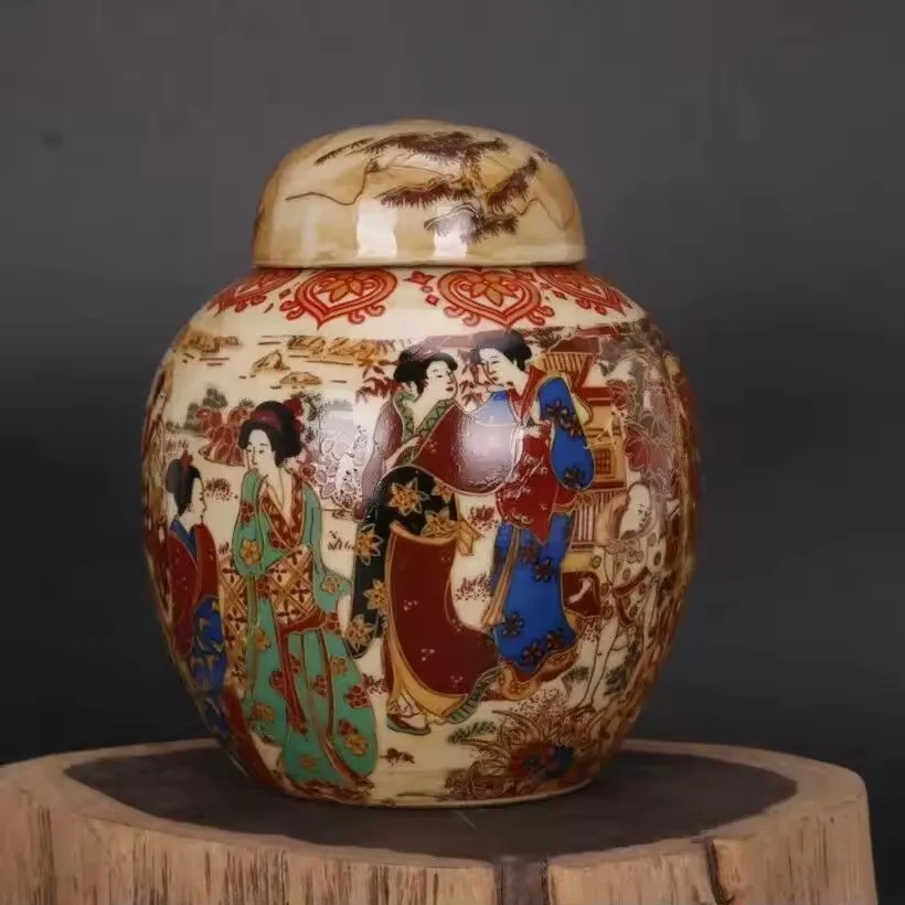 Old Chinese porcelain color Hand Painted Kimono beauty jar pots Tea caddy