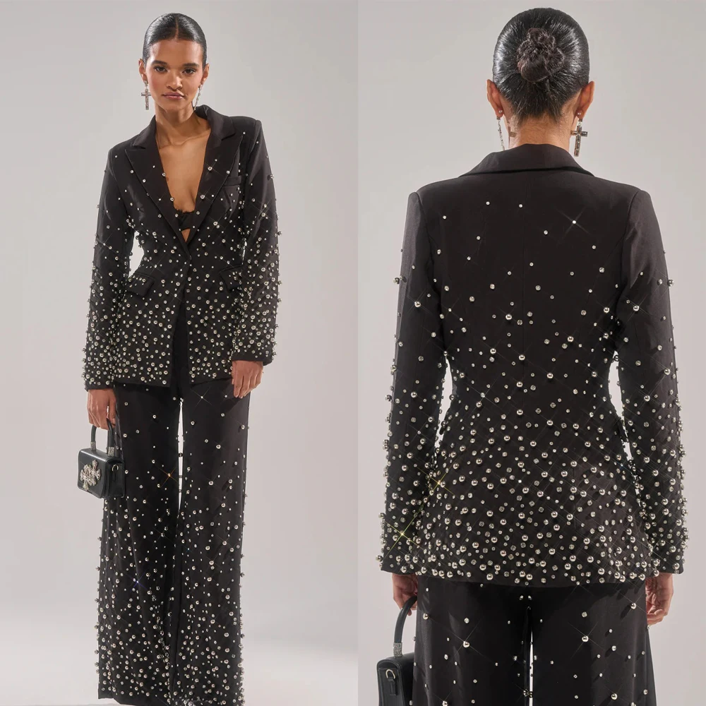 Traje de lujo para mujer, chaqueta con solapa en punta, 2 piezas, corte ajustado, para madrina, con cristales y perlas, conjunto de blazer y pantalón para noche, personalizado.