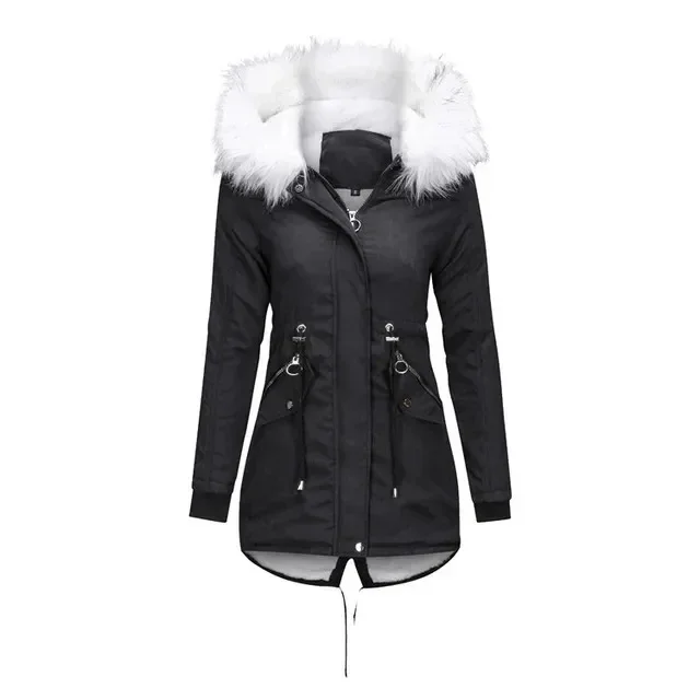 

2023 New Winter Vintage Women Hooded Cotton Jackets Plus Velvet Fur Collar Warm Parkas Coat Mid-length Loose Outwear