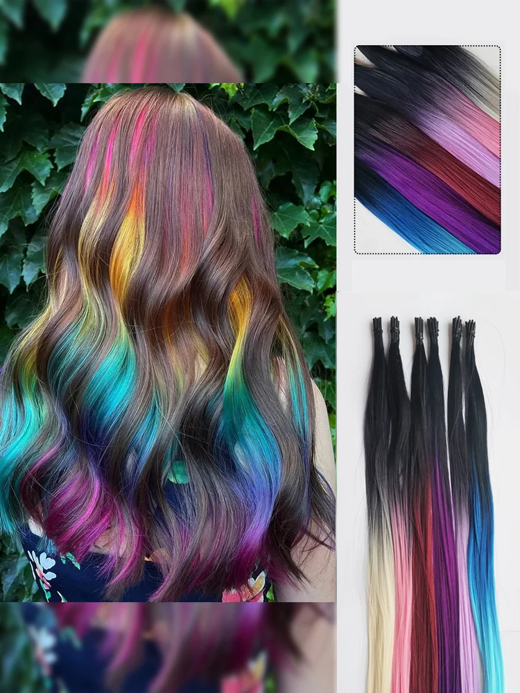 I-Tip Lange Gerade Haarteile Regenbogenfarbene Haarverlängerungen Synthetische Highlight Feder Mikroring Haarschmuck Ombre Farbe – Detail 1