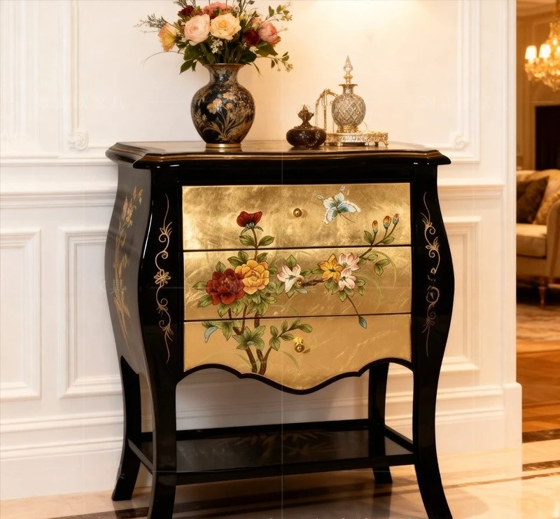 New Chinese classical three-bucket cabinet small apartment living room sofa edge multi-layer storage corner a few gold foil pain