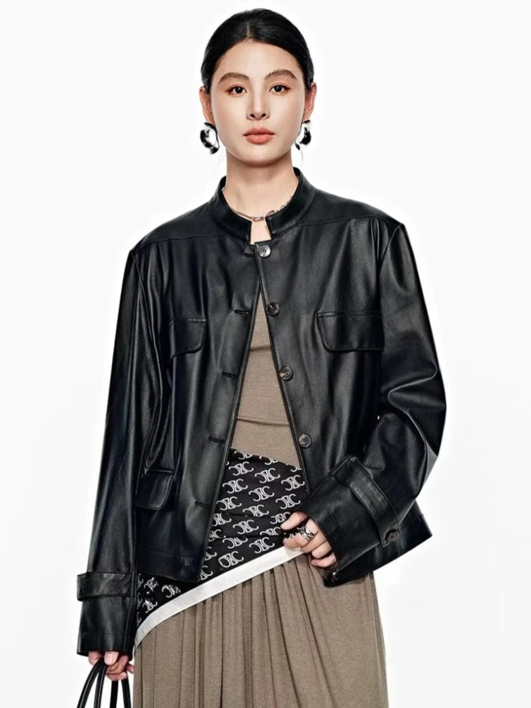 

Casual Short Genuine Leather Jackets for Women Spring Autumn High-end Simple Thin Stand Collar Soft Black Real Sheepskin Coat