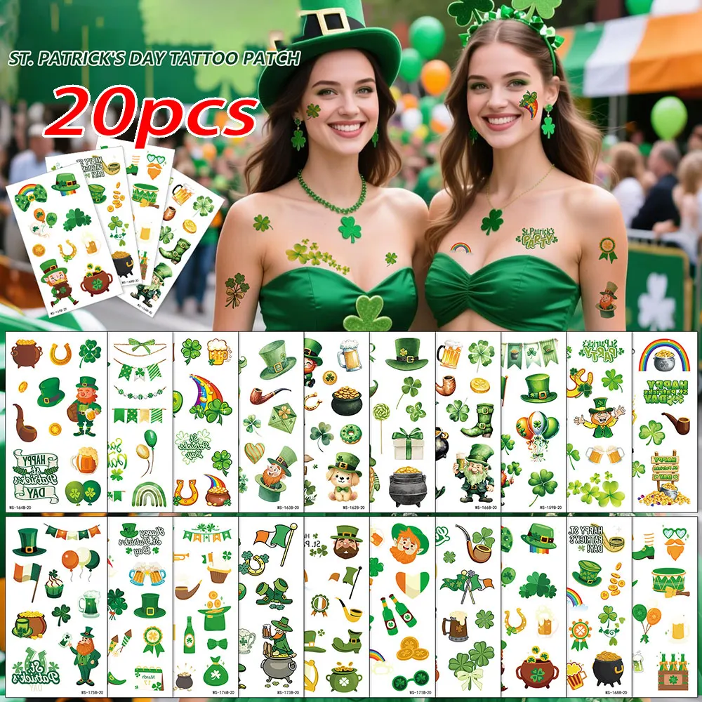 

20pc/set St. Patrick's Day Shamrock Temporary Tattoos & Face Stickers Waterproof Saint Patrick's Day Clover Tattoos Party Makeup