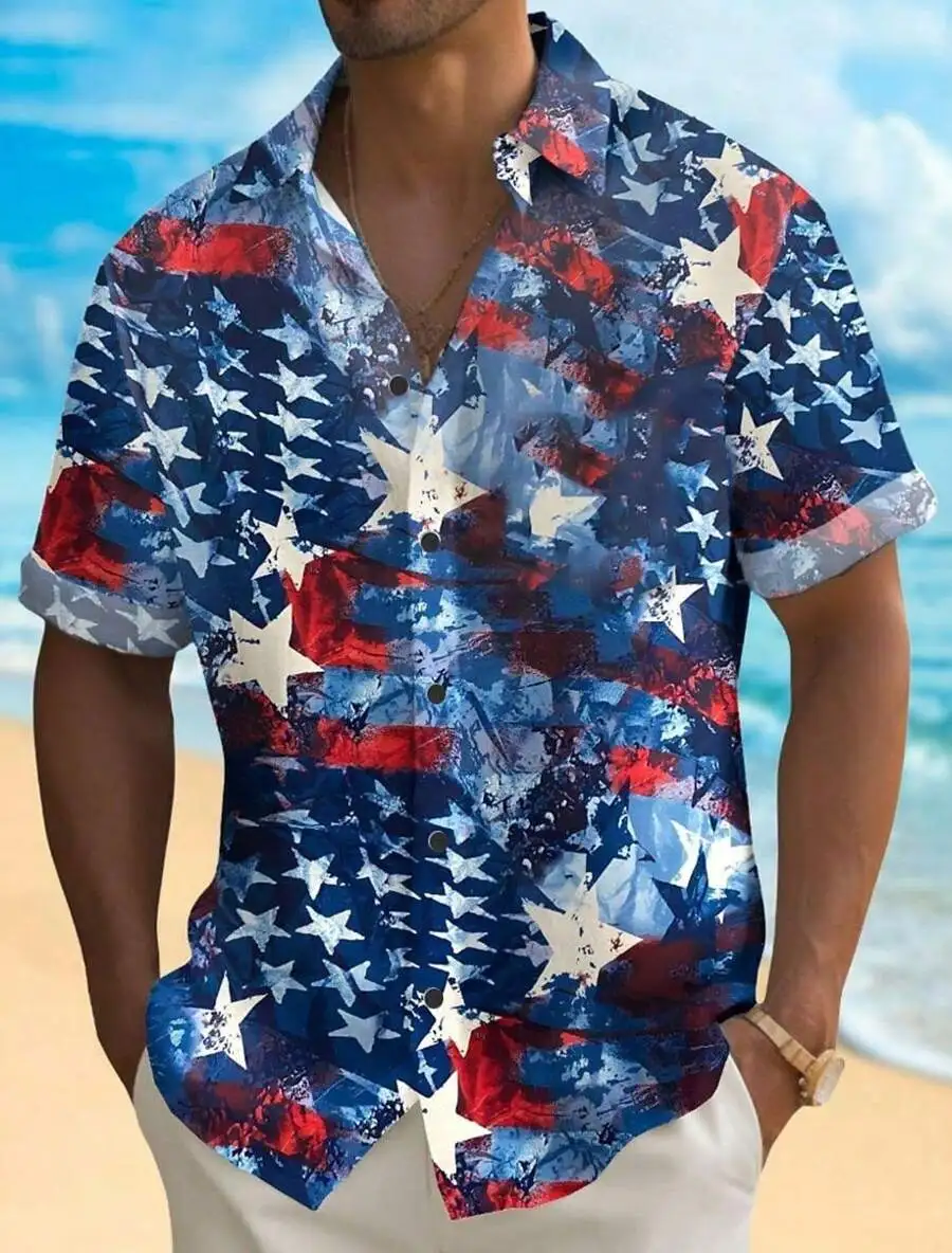 

Mens Patriotic 3D Print Stars And Stripes Short Sleeve Button Up Casual Shirt Summer