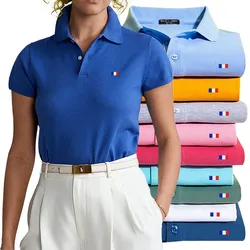 100% Cotton Sport Short-sleeved Polo Shirt Flag Logo Women's Summer Solid Color Fashion Casual Slim Lapel T-shirt Golf Tops Tee