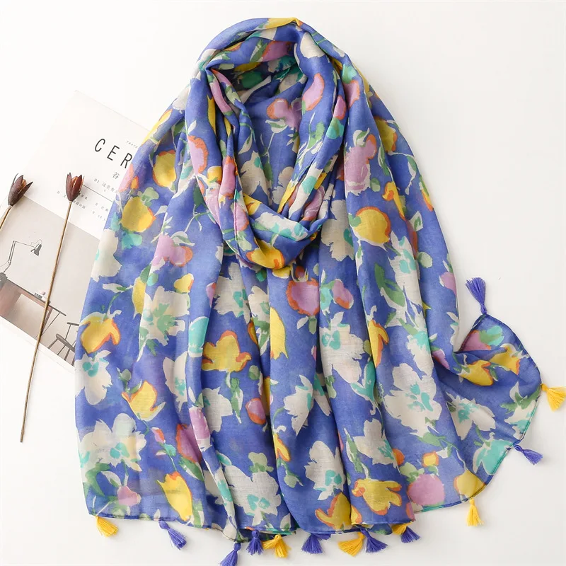 KYQIAO Luxury fashion woman scarves Korean fashion long blue floral printed designer scarf beautiful cape for women