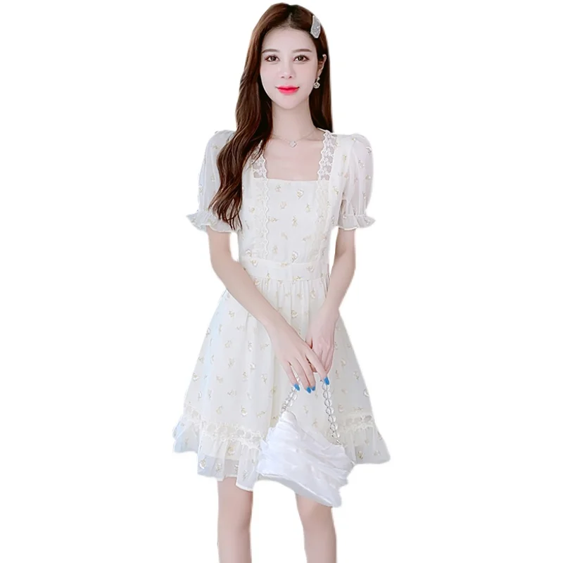 Süßer, sanfter, floraler Chiffon-Rock von Dr. Princ mit Initialen-Datum, hohe Taille, Bubble Sve ort Summer Commute Sle A-Line Dr