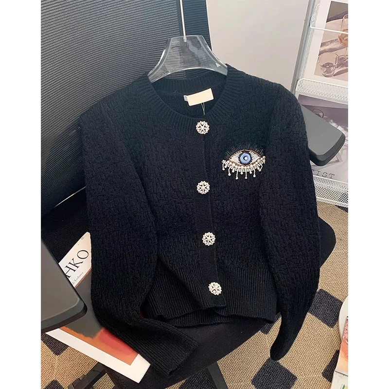 Embroidery Evil Eye Knit Cardigan Sweater Women Autumn Winter Long Sleeve Coat Tops High Quali Luxury Designer Brands Clothing