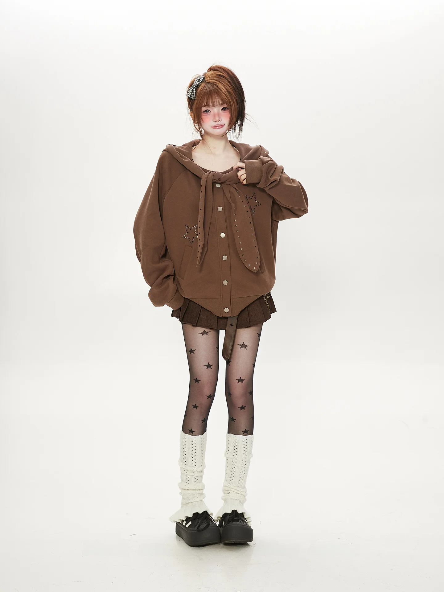 

American High Street Sle Rabbit Ear Hooded Cardigan Women's Spring Autumn Loose Sweatirt Outerwear Trendy Brand Commute S...