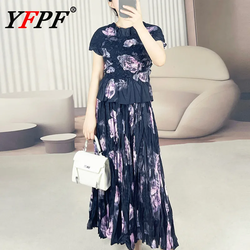 

YFPF Summer Fashion Pleated Women 2 Piece Set Floral Printing T-shirt + A Line Long Skirt Elegant Female New Clothing 3A220