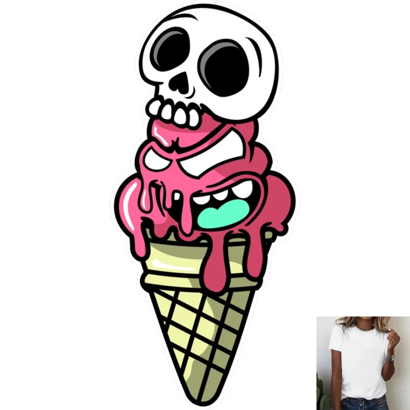Trendy Funny Skull Ice Cream Heat Transfer White Ink Iron - on Patch, Stylish Street - style Decoration for T - shirts &