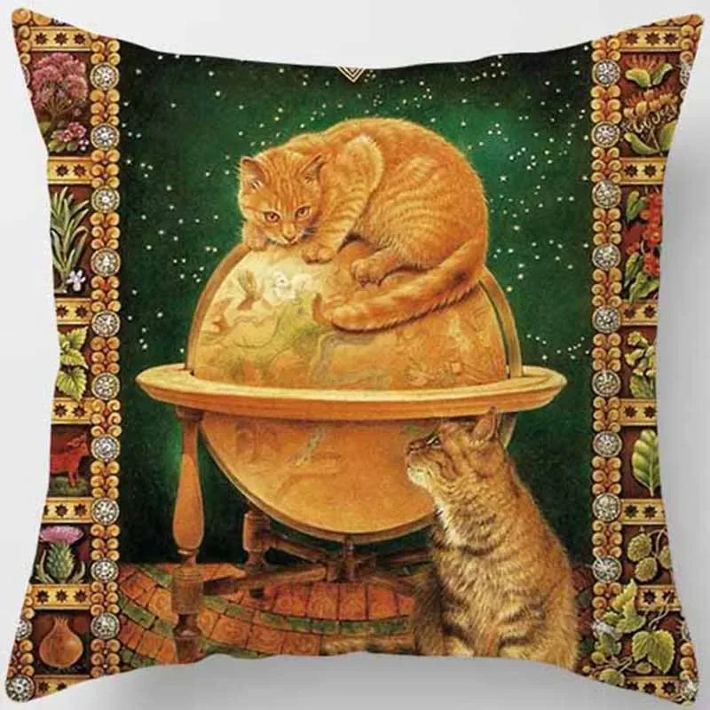 

Vintage Cat Art Peach Skin Pillowcase 2D Flat Printed Retro Animal Cushion Cover for Home Living Room Sofa Decorative Pillowcase