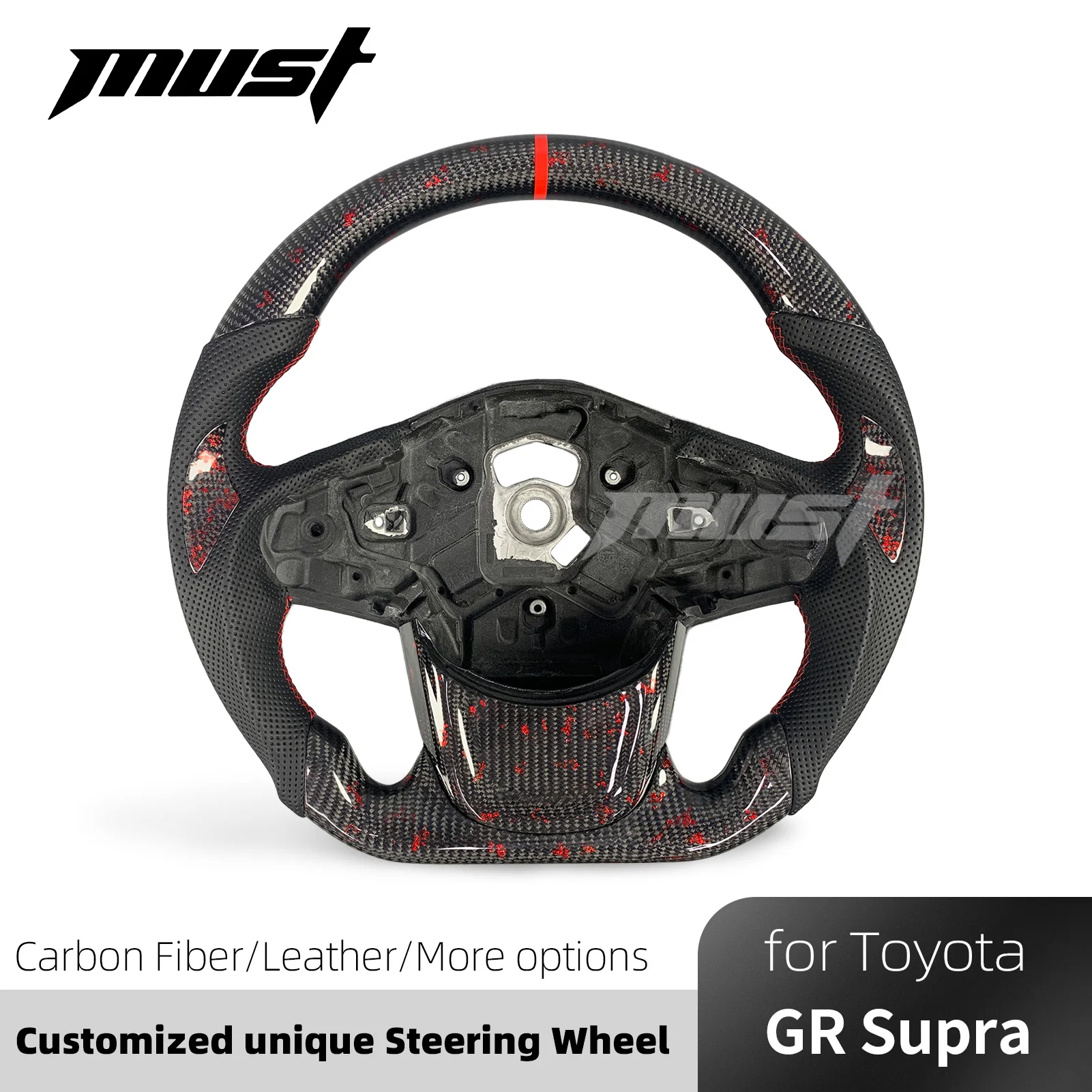 For Toyota GR Supra A90 A91 2.0 3.0 Coupe Premium 2018-2026 Custom Red Flakes Carbon Fiber Steering Wheel Interior Upgrade