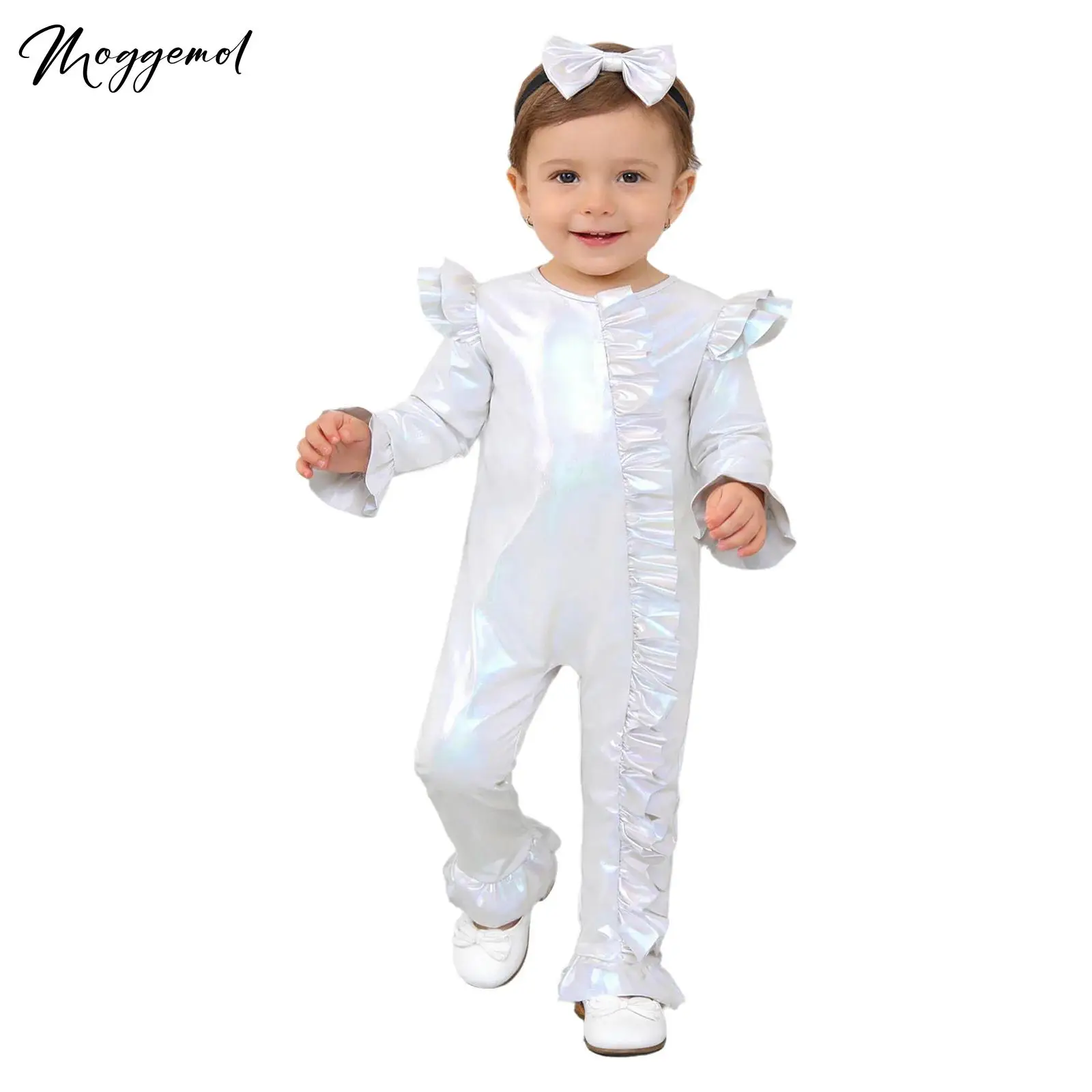 

Комбинезон с рюшами для маленьких девочек, комбинезон с круглым вырезом и длинными рукавами, комбинезон на молнии с повязкой на голову для дня рождения, фотосессии