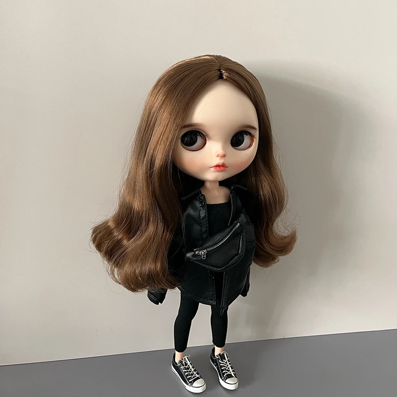 DLBell Handmade Blythe Clothes Black PU Leather Jacket Casual Shirt Cool Coat and Pants Tops for Blyth Barbie OB24 1/6 Dolls