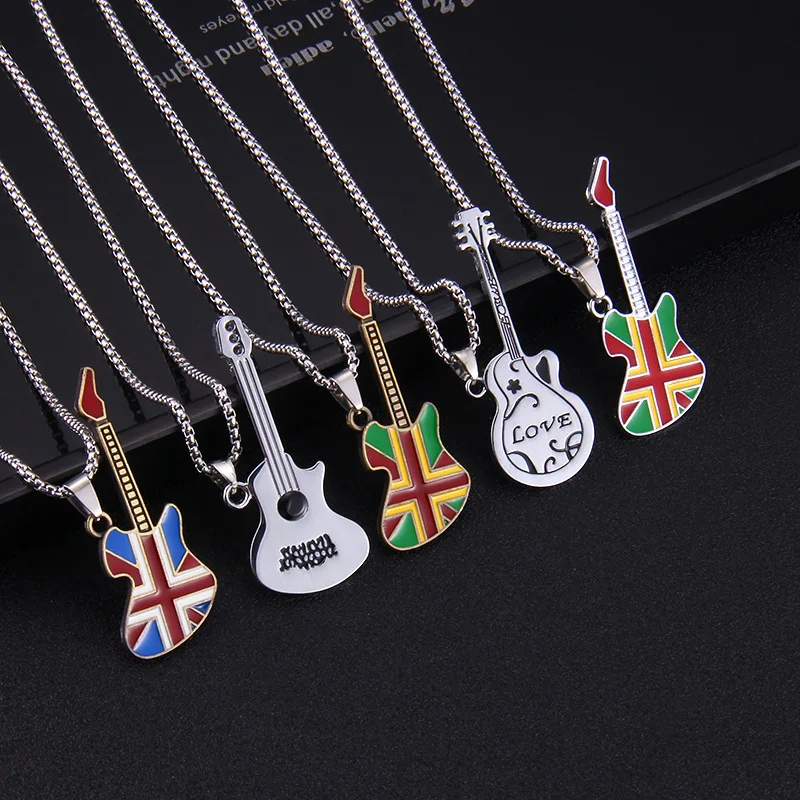 

Stainless steel colorful electric guitar necklace student musical instrument pendant for men women rock punk hip hop accessories