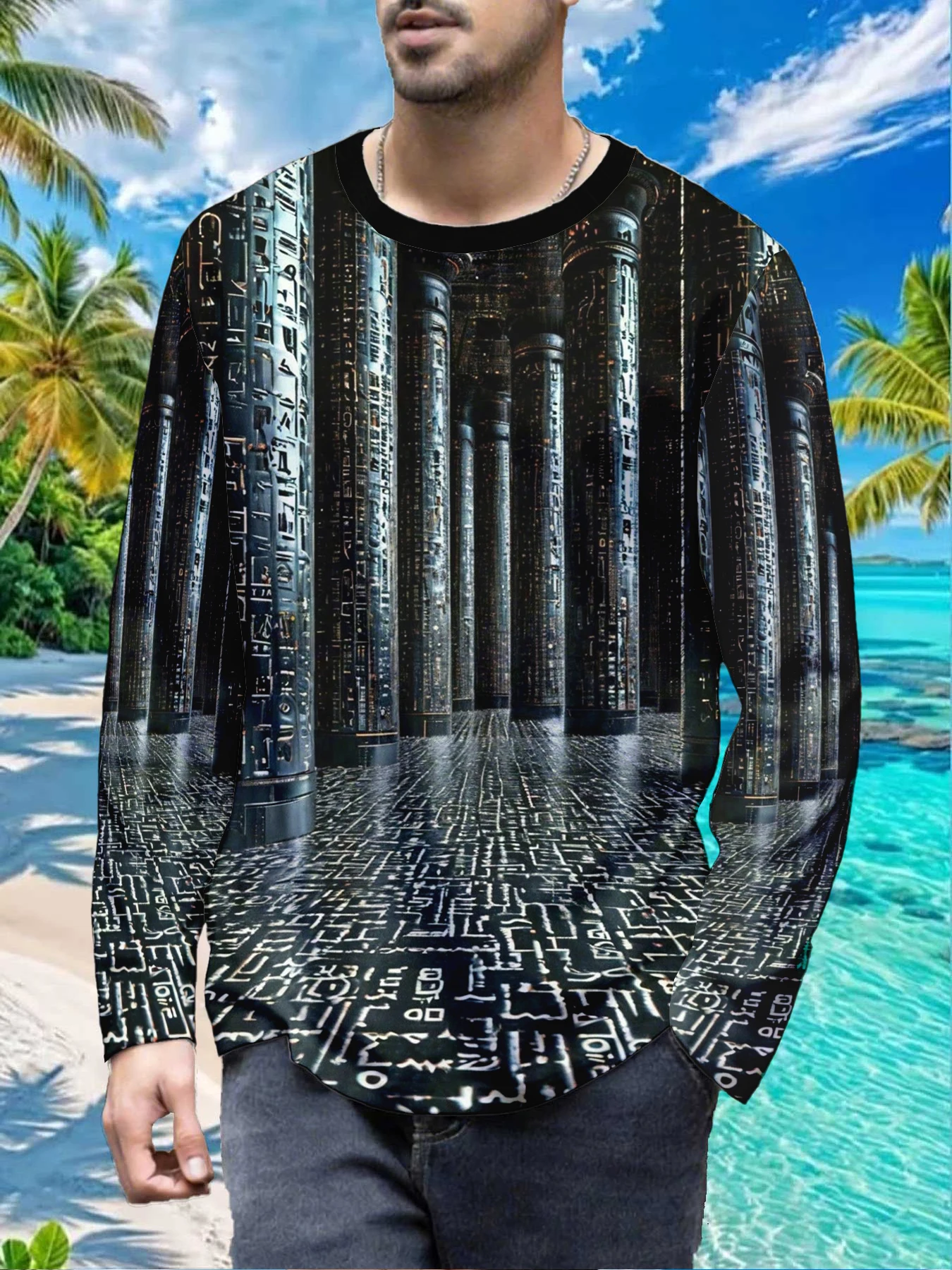 Vintage Egypt Hieroglyphs Temple Pillar Mens Polyester Long Sleeve T Shirt Ancient Egyptian Symbol Print Graphic Tee Casual Stre
