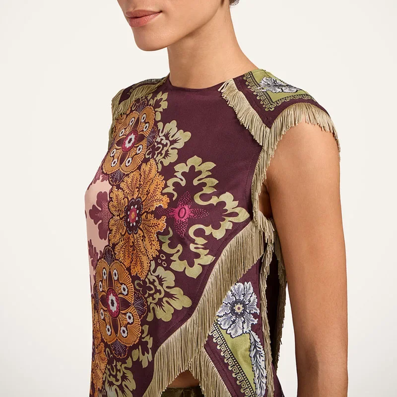 

Этническая винтажная женская одежда с цветочным принтом, элегантный топ с круглым вырезом и кисточками, нерегулярный топ с перекрестным разрезом, летняя блузка без рукавов на молнии, рубашки