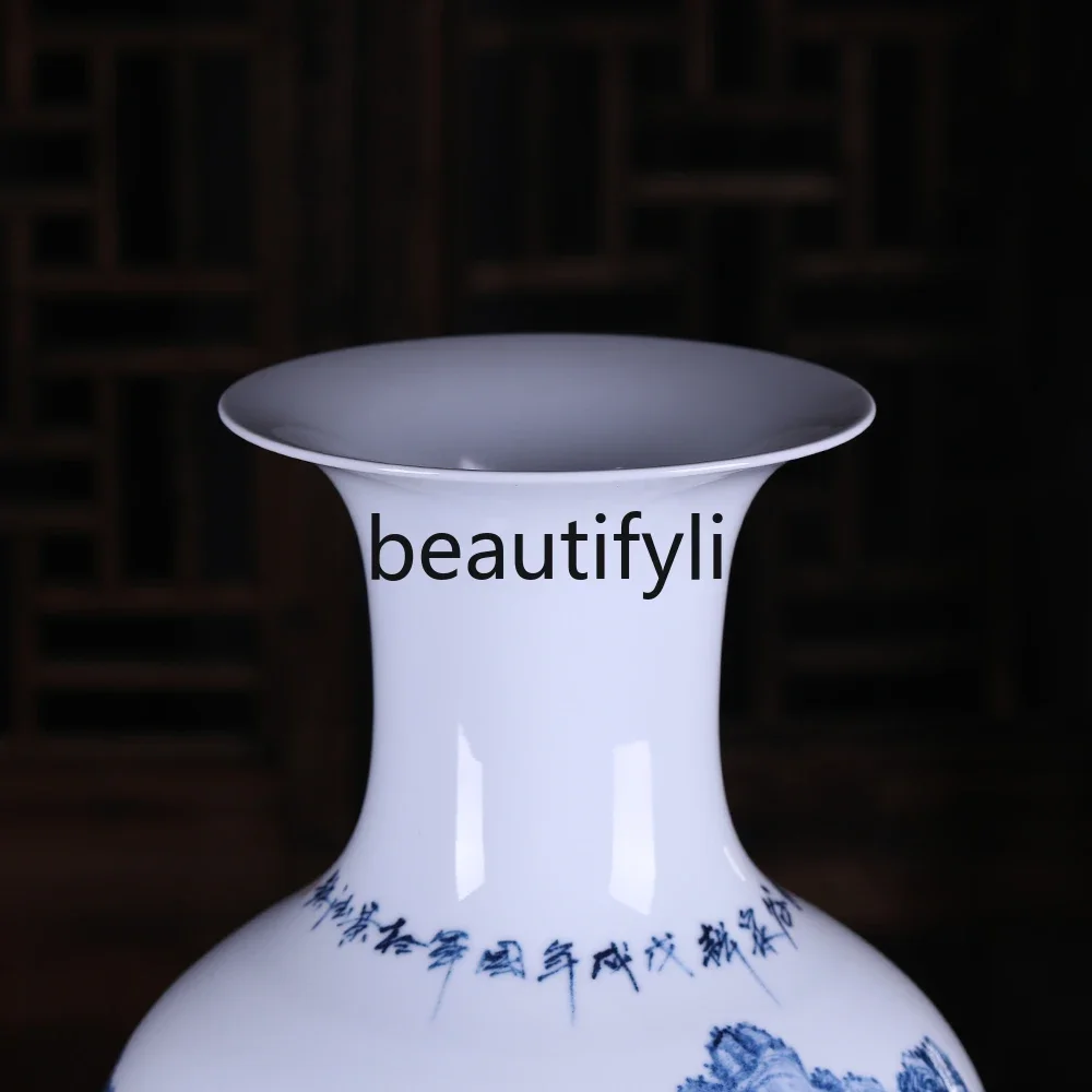Jingdezhen ceramics floor-to-ceiling vase hand-painted large blue and white landscape Chinese living room versatile D80