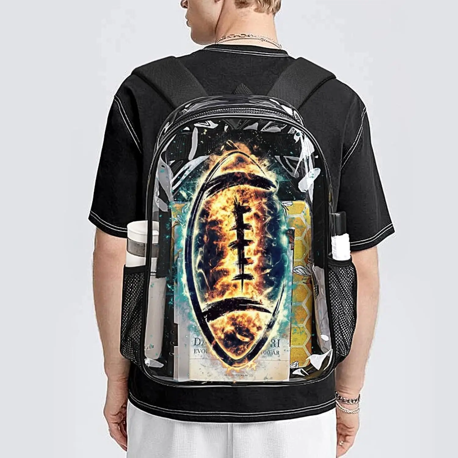 

Football Clear Backpack Heavy Duty for Girls Kids Boys Women Men - Large Cute PVC Footballs Theme Printing Transparent