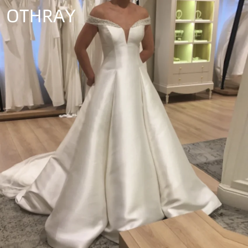 

Bride Beaded Off Shoulder A-line Appliques Vestidos De Noiva 2024 Made To Order Classic Satin Wedding Dresses For Woman 2024